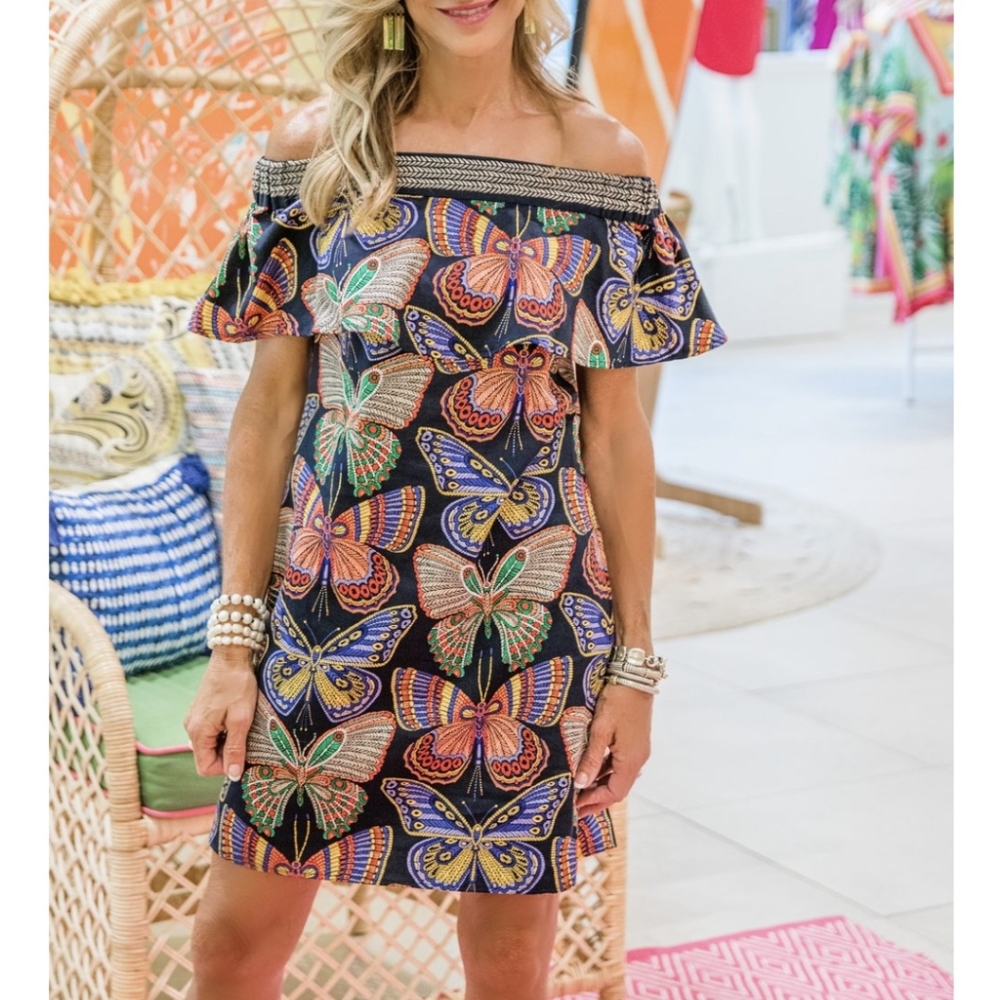 Trina Turk Welton Butterfly Off The Shoulder Dress Womens XS Black Shift Resort - Picture 1 of 12